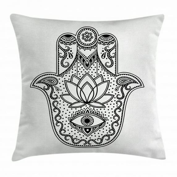Evil Eye Throw Pillow Cushion Cover, Arabic Ethnic Amulet Decorative Hamsa Symbol with Swirls and Lotus Flower, Decorative Square Accent Pillow Case, 20 X 20 Inches, Black and White, by Ambesonne