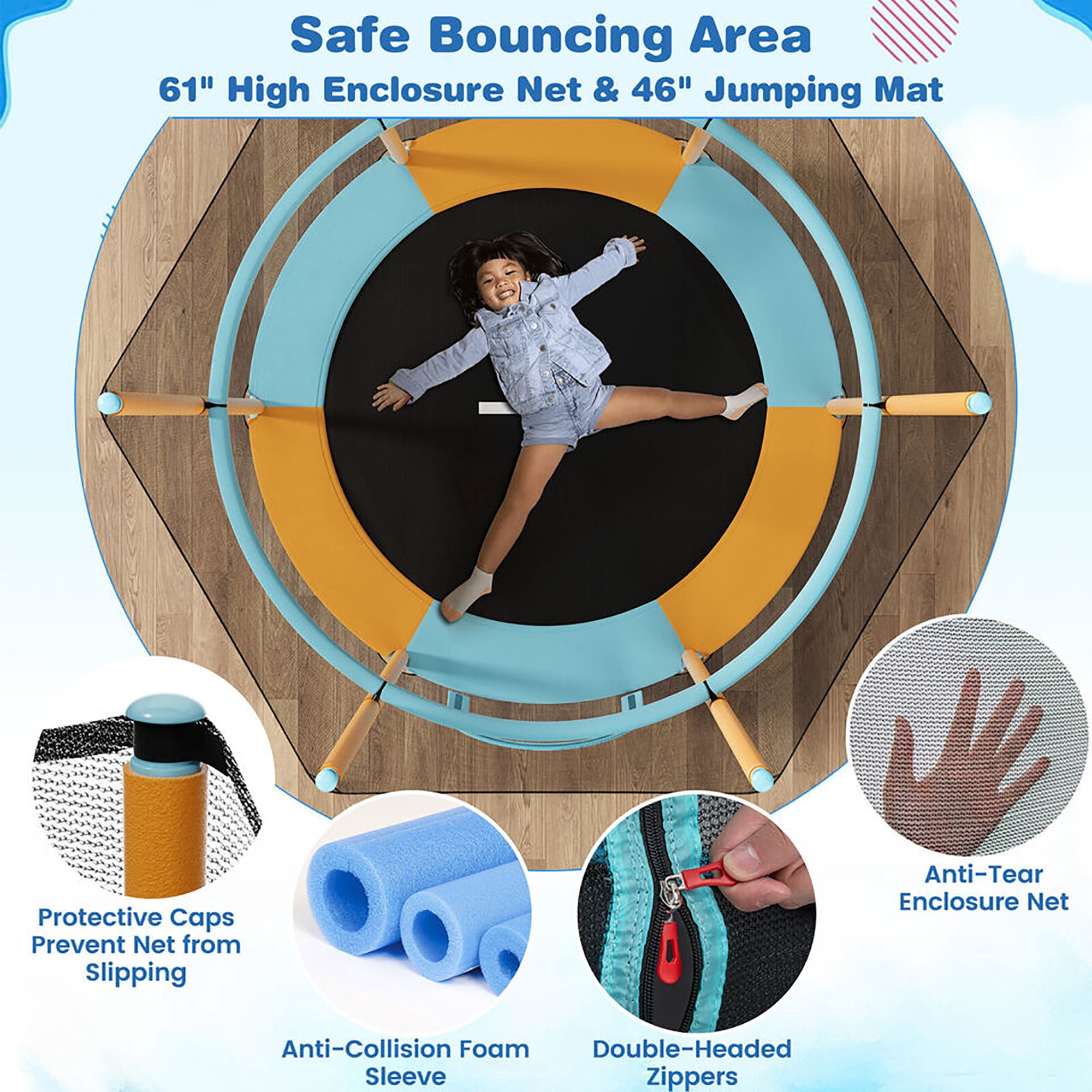 Gymax 60'' Trampoline for Kids w/ Gymnastic Bar Rings Foamed Handle No Gap Design Blue & Orange