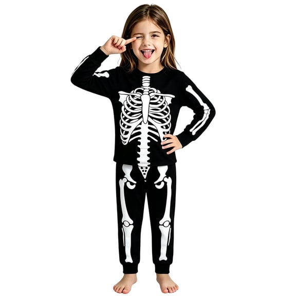 HAYIMI Child Halloween Skeleton Print O-Neck Long Sleeve Tops And Pants Sleep For Girls Cozy Comfort Pajama Homewear For Nighttime Play And Sleep Soft Nightwear