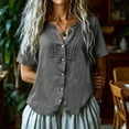 thumbnail image 3 of TGSLY Lace Crochet Trim Placket Tops for Women Notched V Neck Short Sleeve Blouses Loose Fit Dressy Casual Full Button Front Solid Color Tshirts S, 3 of 7