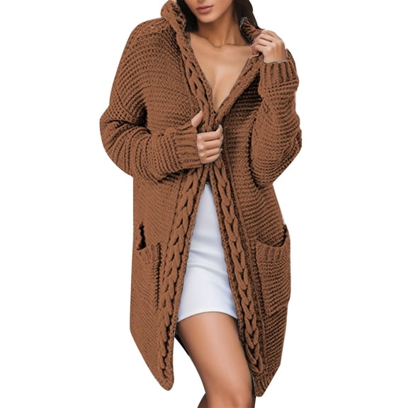 Fgnfyis Women's Long Knitted Sweater Coat with Cable Knit Hooded Pocketed Cardigan Cozy Cardigan Sweaters for Women Yellow S