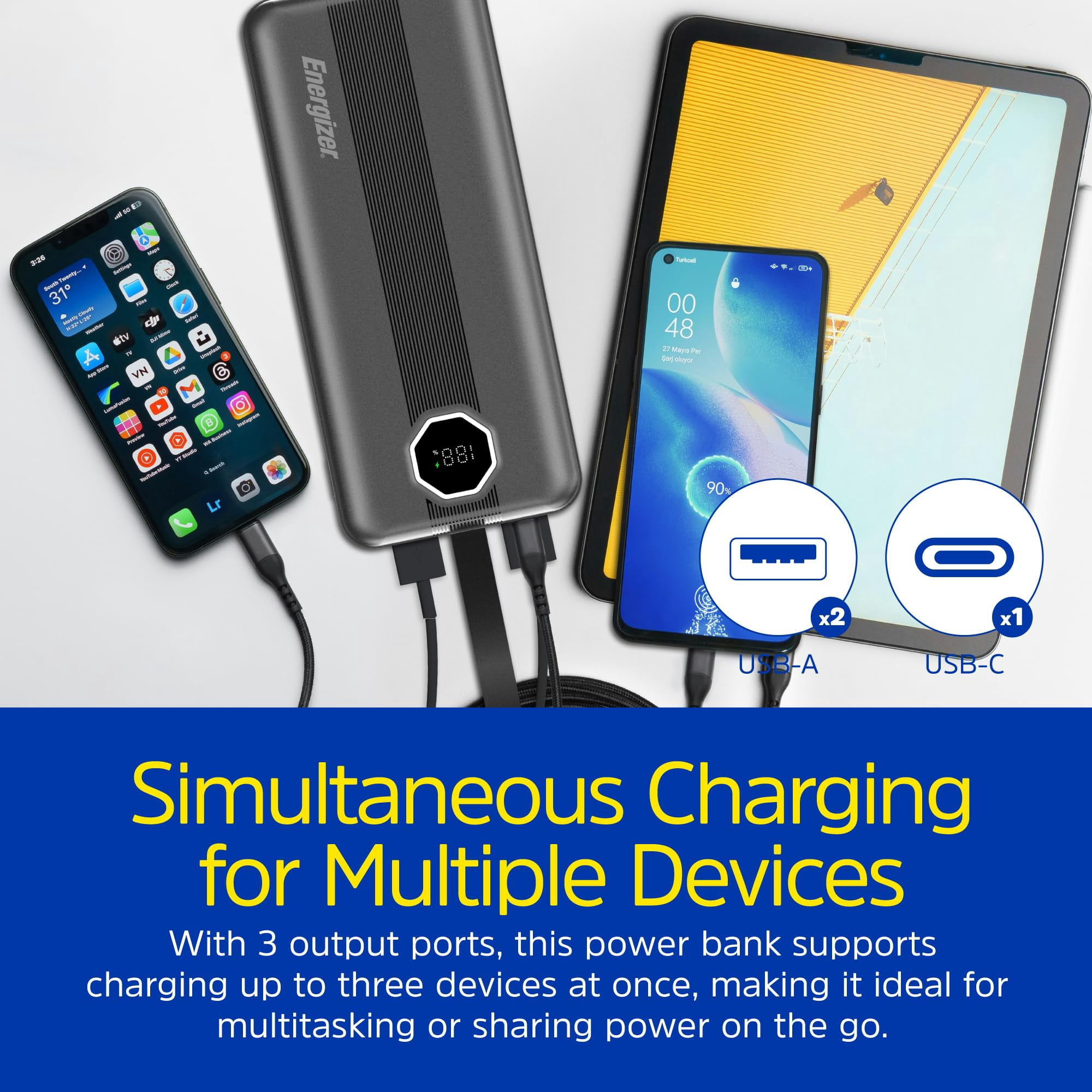 Energizer 30000mAh Power Bank with USB C 30W PD & USB A 22.5W Fast Charging, LCD Display, Triple Outputs for Multiple Devices, Perfect for iPhone, Samsung, Android Devices, Tablets_UE30029PQ