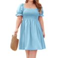thumbnail image 2 of Plus Size Women Casual Dress Square Neck Puff Sleeve Smocked Waist Flowy Short Dress for Vacation Blue 4XL, 2 of 8