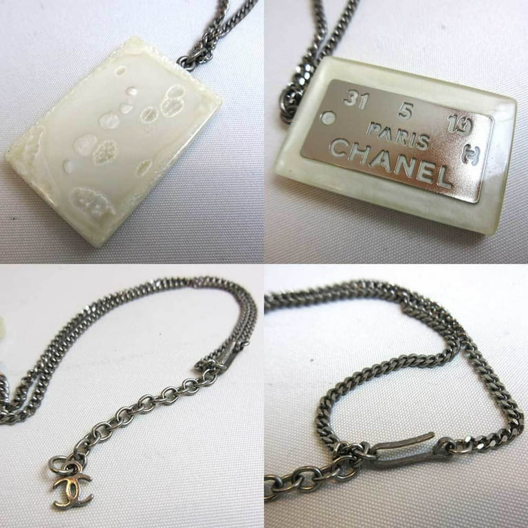Authenticated Used Chanel Accessory Logo Plate Necklace Silver Color x  White Pendant Vintage Ladies Metal CHANEL