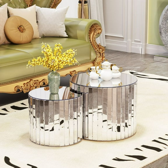 YINGYING Mirrored Nesting Coffee Table Set, Modern Circle Side Table, Center Table, Fluted Tea Table for Living Room, Office