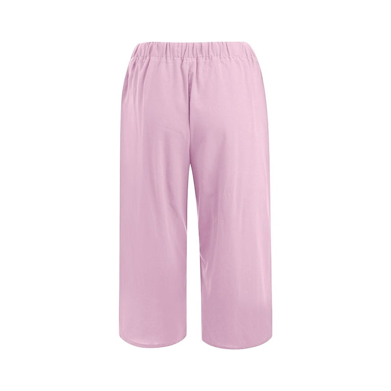 SEAOPEN Plus Size Capris Pants for Women Cotton Linen Wide Leg Casual Summer Comfy High Waisted Loose Crop Pants Pockets Linen For Women Pants Pink XXL Walmart