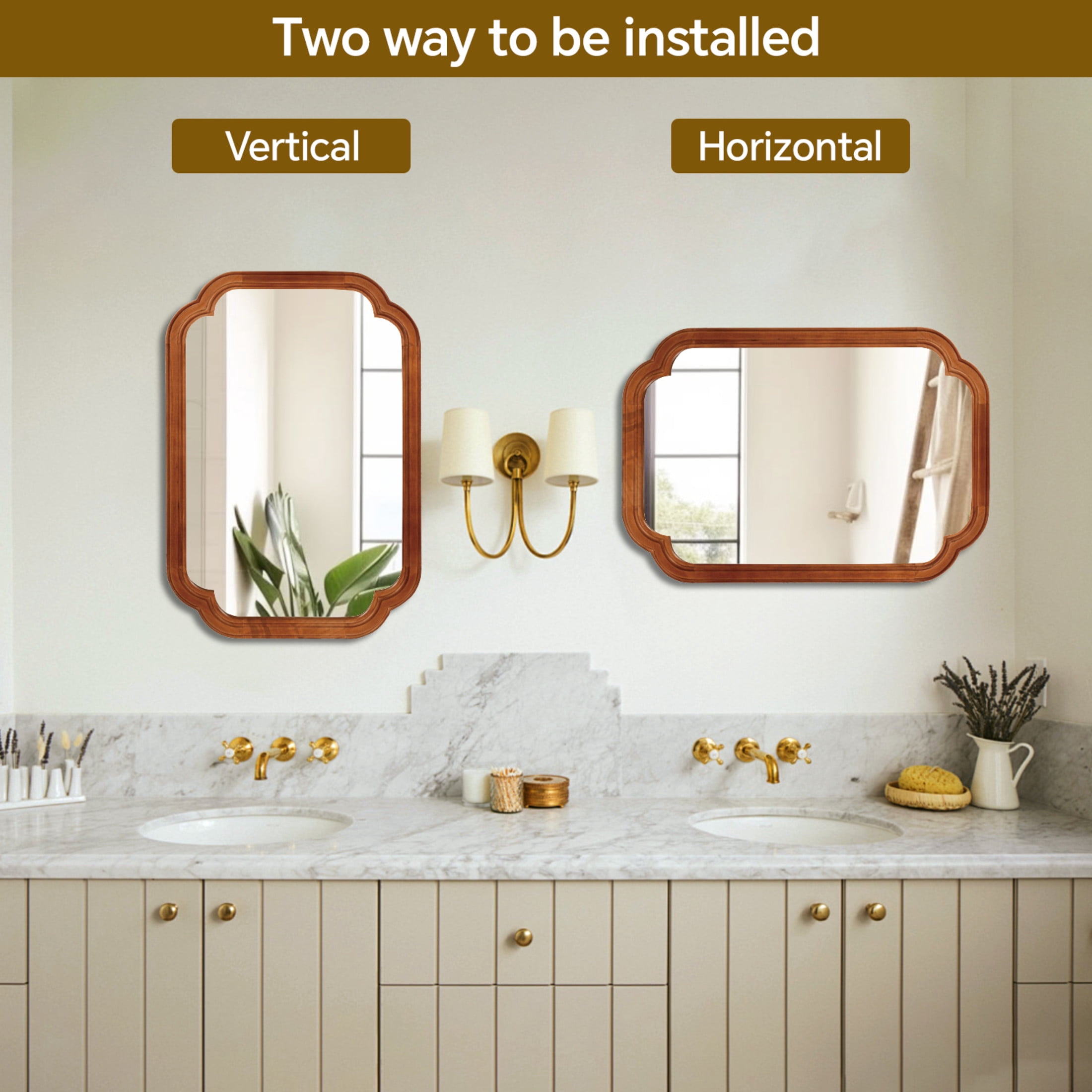Noble House 20"x30" Rounded Corner Wall Mirror, Solid Wood Decorative Vanity Mirror, Yellowish