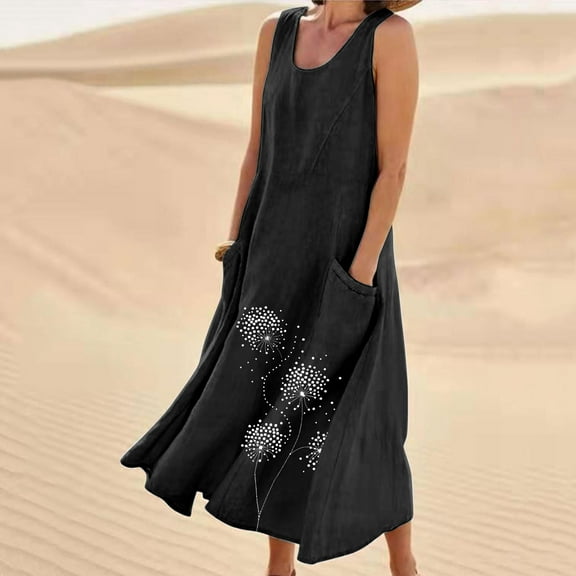 Sakmal Graphic Womens Summer Dresses Loose Fit with Pocket Sleeveless Black Comfort Fit Maxi Slip Dress