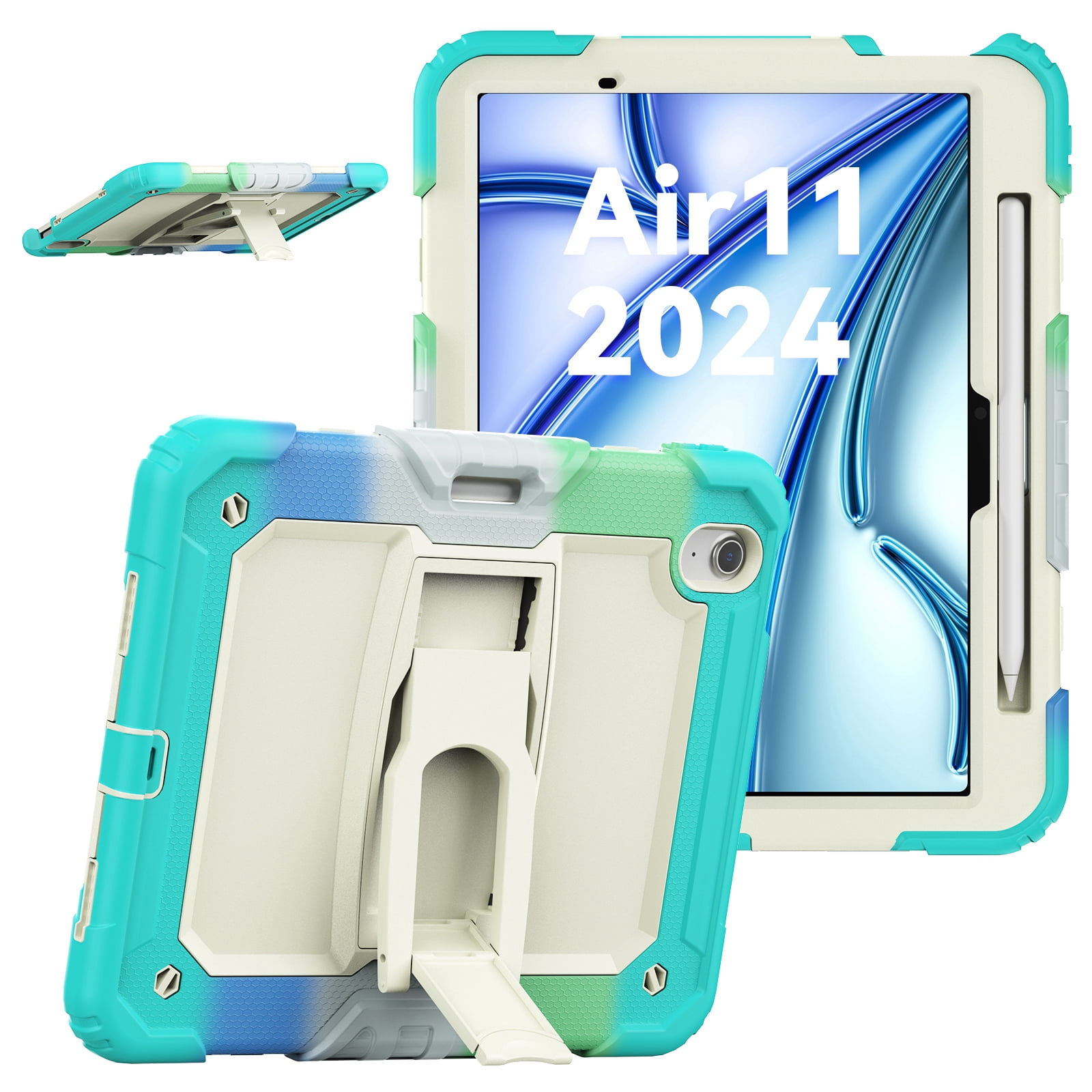 Dteck Built-in Screen Protector Case for iPad Air 11 inch 2025/2024 ,Heavy Duty Silicone Case Foldable Stand Cover Built-in Pencil Holder with Shoulder Strap for iPad Air 11-in. M3/M2,Colorful/Mint