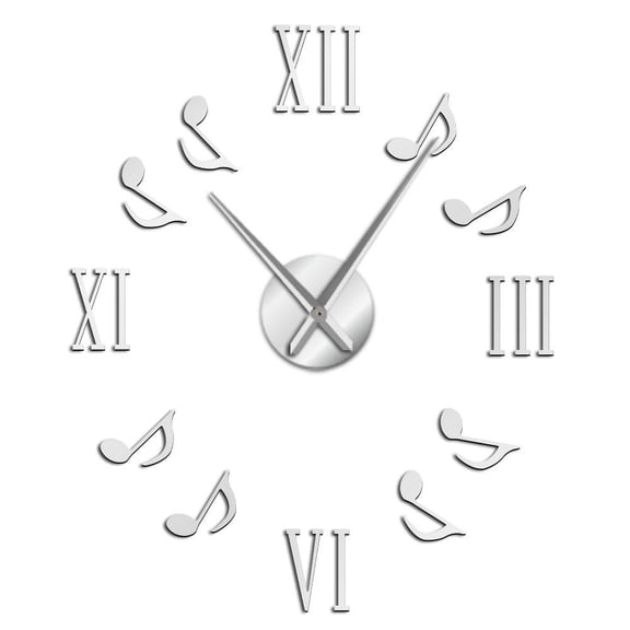 Numerals With Musical Notes Frameless Wall Clock Stickers, DIY Modern Decorative Clocks for Living Room, Bedroom, Office - Easy to Install, Large 3D Clock Design (Silver,27in)