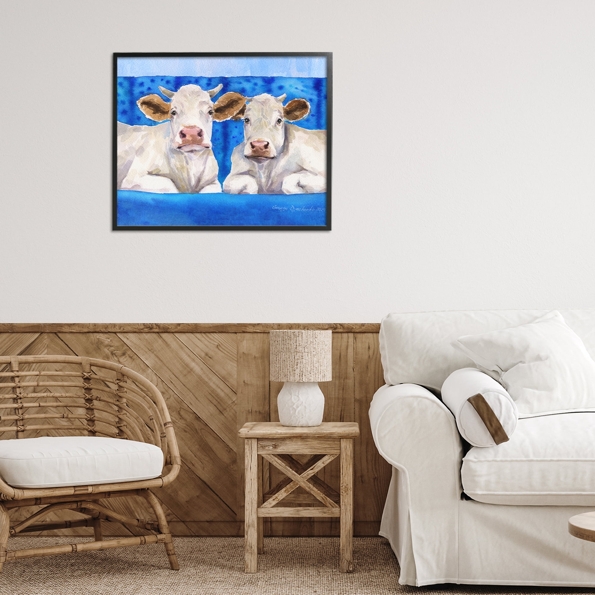 Stupell Industries White Cows on Blue Sofa Black Framed Giclee Art, design by George Dyachenko