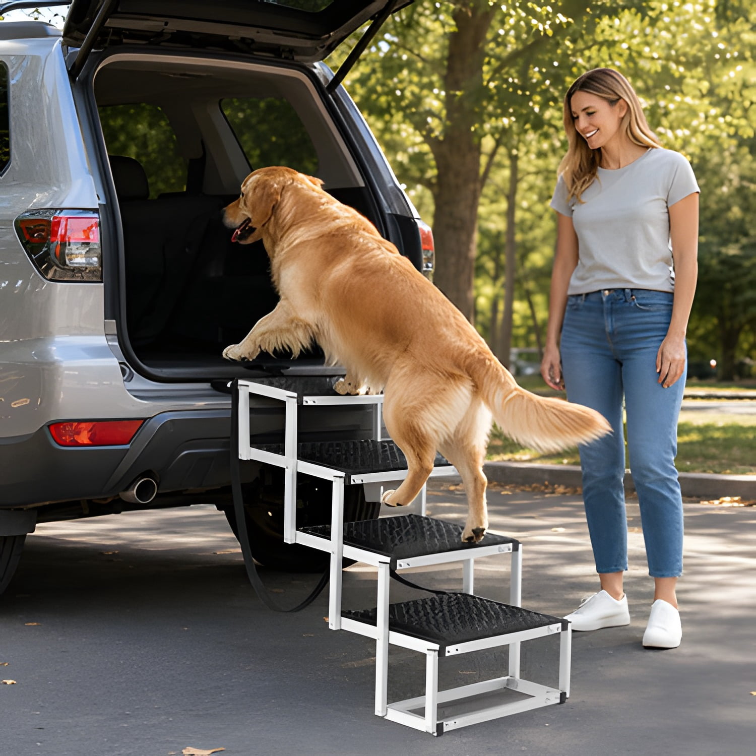 Dog Stair for Cars, Wide 4-step Dog Car Steps, Folding Dog Car Ramp with Nonslip Surface, Portable Pet Steps Lightweight Aluminum for Car, SUV and Truck, Supports up to 150 lbs