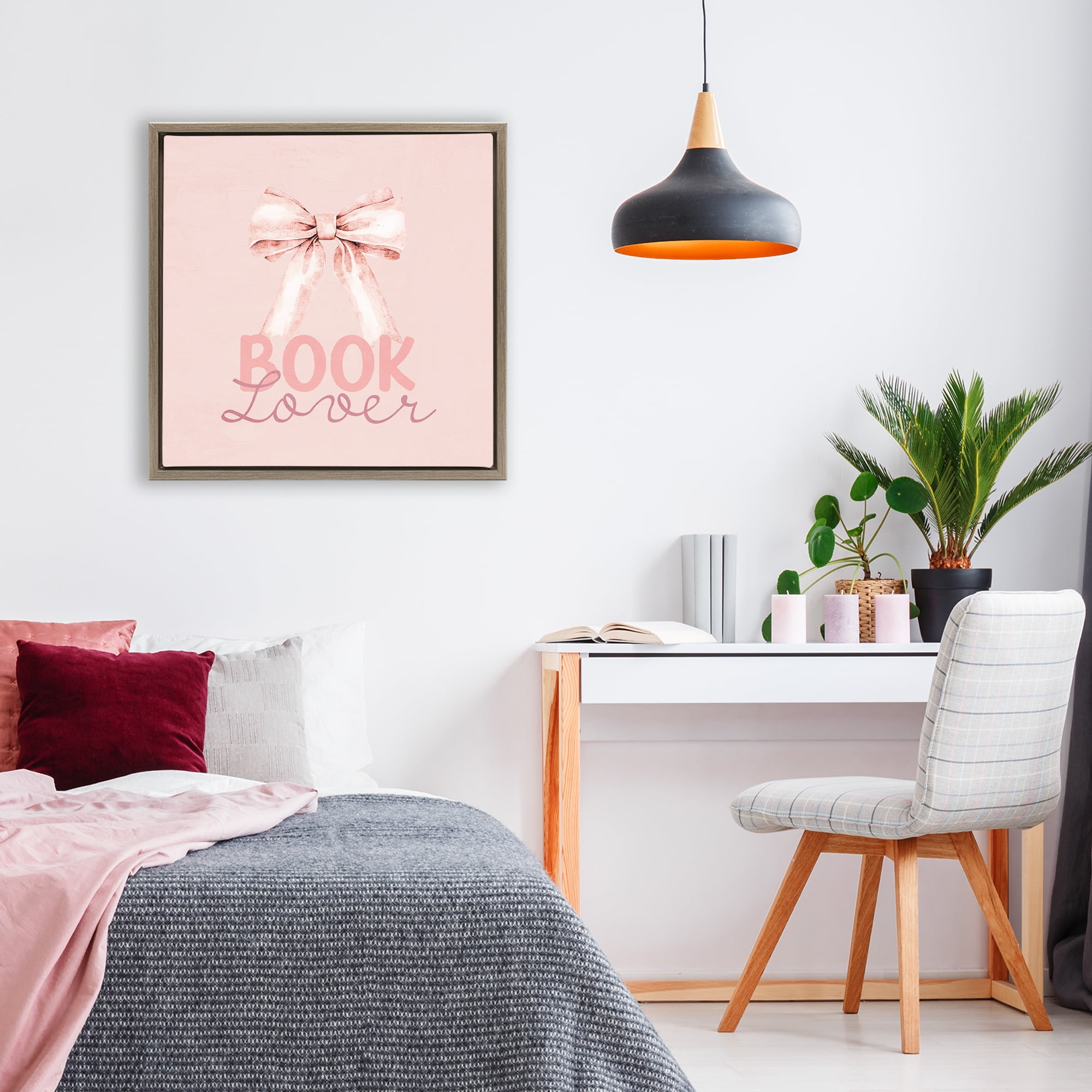 Blush Pink Book Lover Brown Framed Floater Canvas Wall Art, design by Kim Allen