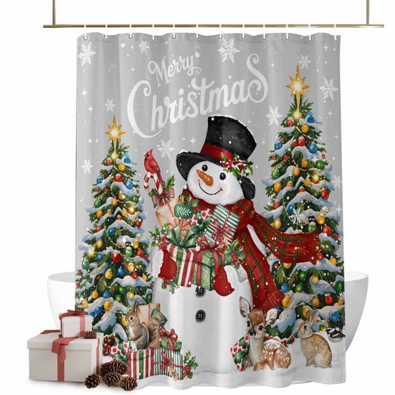 Shower Curtain 36"W x 72"L Snowman Snowflake Christmas Trees Gray Fabric Shower Curtains Set with Hooks Water Repellent Bathroom Curtains Machine Washable Bathroom Accessories