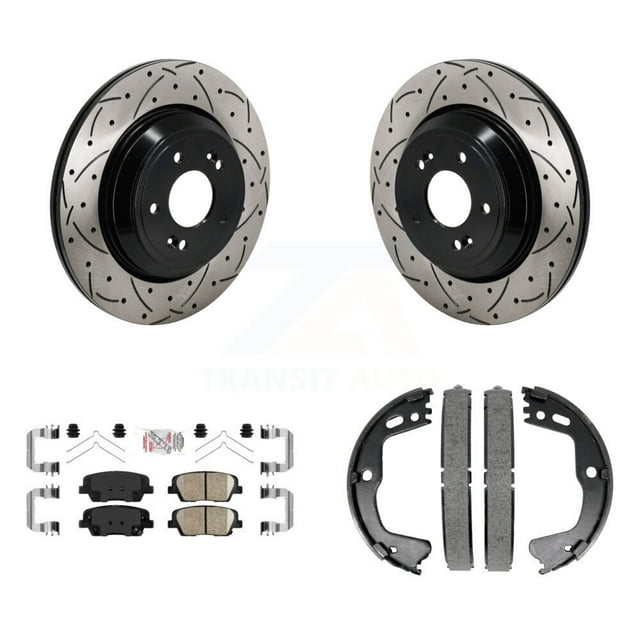 Transit Auto Rear Disc Drilled & Slotted Rotors Ceramic Pads and Parking Brake Shoes Kit for Car 2018-2020 Genesis G80 3.3L KDA-103211