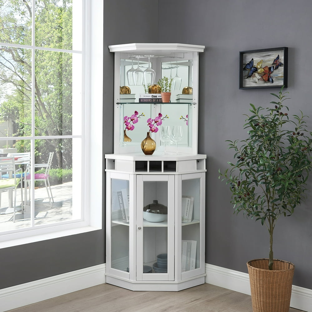 Home Source Corner Bar Unit with Two Glass Shelves, builtin Wine Rack