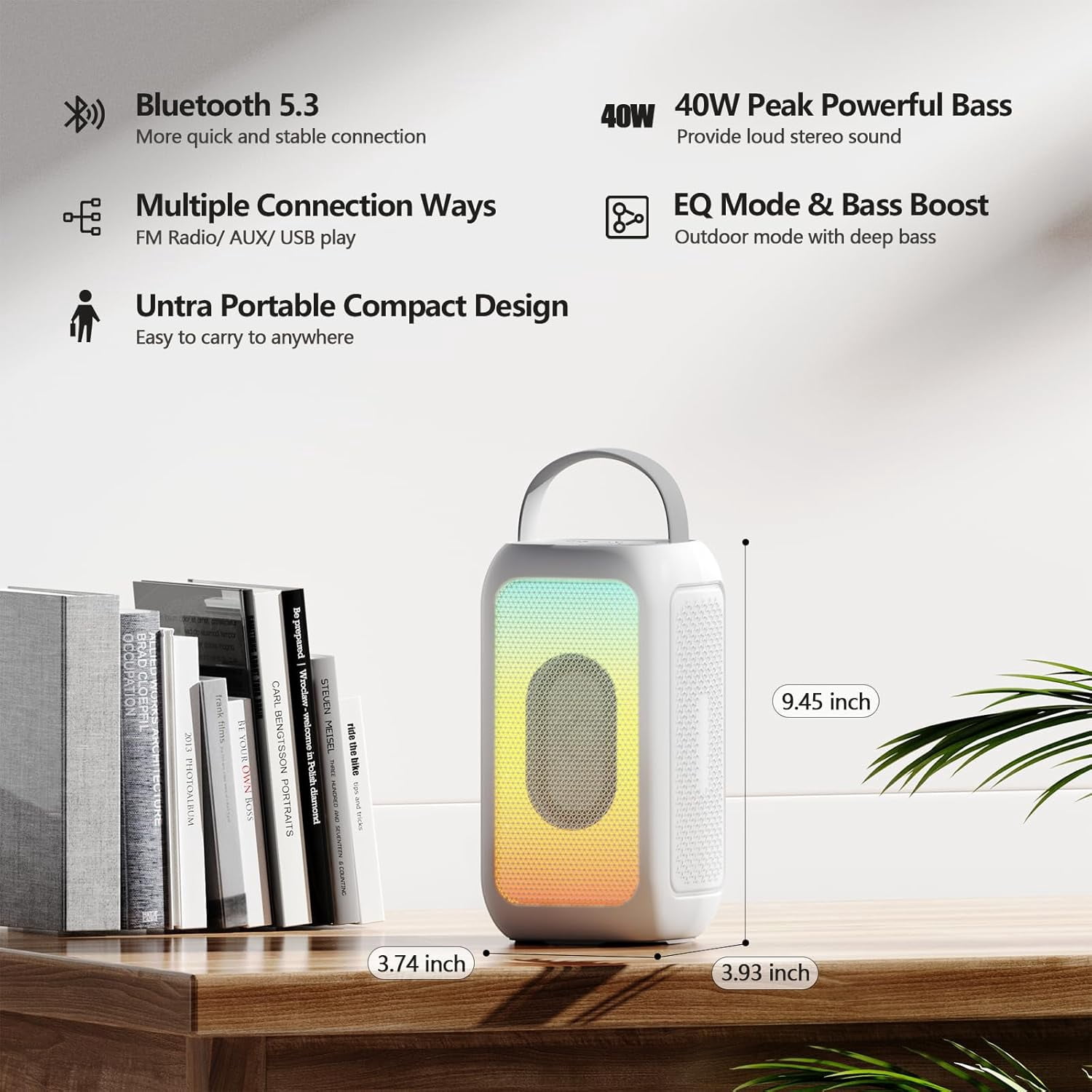 Bobtot Portable Bluetooth Speaker RGB Music Sync Ambient Light Portable Home Family Karaoke With Microphone Magic Voice,Deep Bass,Supports AUX,USB,FM Indoor Outdoor Party Singing Player（White）