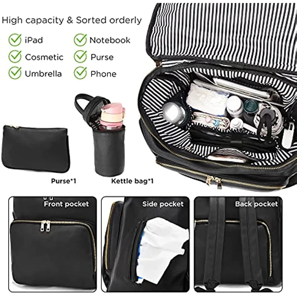RsenFremior Diaper Bag Backpack Leather Backpack for Women Travel Backpack Baby Bag Large with Troller Straps Capacity for Wet Clothes