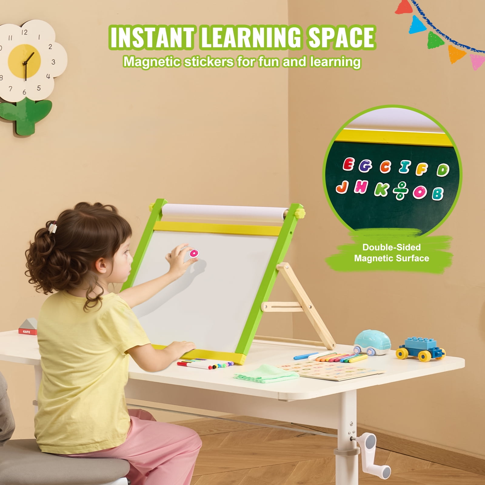 VEVOR Tabletop Art Easel for Kids, 3-in-1 Wooden Double-Sided Kides Art Easel with Magnetic Whiteboard, Chalkboard, Paper Roll, Foldable Portable Drawing Board with Painting Accessories