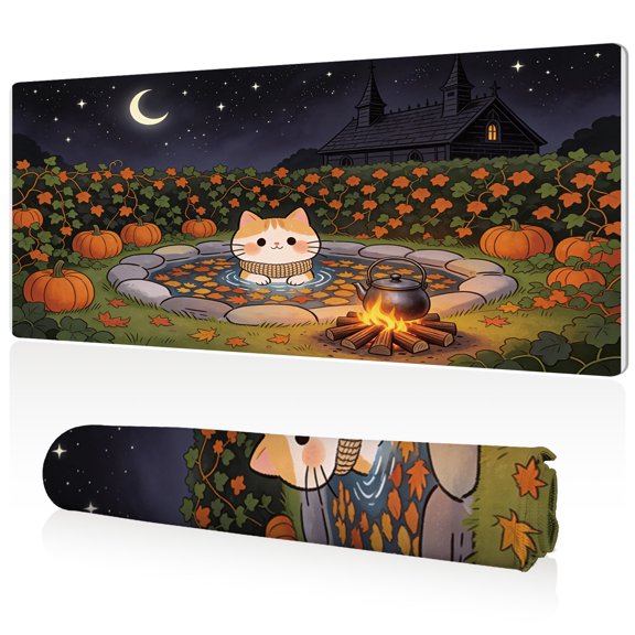 LIVEKEY Mouse Pad 80x40cm Extra Large Non Slip Stitched Edges Full Coverage Durable Easy Clean Cute Cat by Campfire with Pumpkins Autumn Night Art for Gaming Office