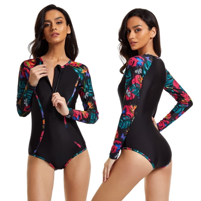 Traje de surf de una pieza de manga larga con protección solar para mujer, traje de baño de aguas termales, traje de baño sexy, Oni Flower 7777