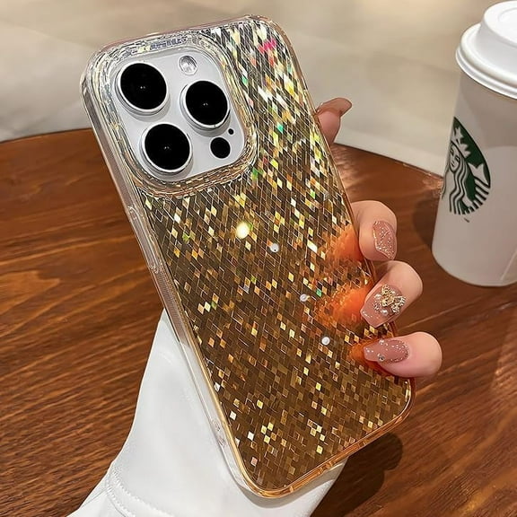 Sparkling Grid Diamond Pattern Case for iPhone 15 14 13 12 Pro Max Shiny Glitter Luxurious Cover for Women Girls Slim Cases (Gold,for iPhone 15 Pro Max)