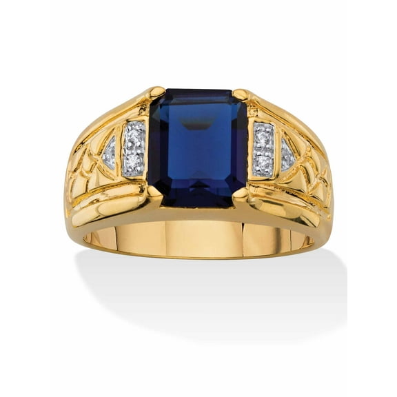PalmBeach Jewelry Men's 2.80 TCW Emerald-Cut Created Blue Sapphire and Diamond Accent 18k Gold-Plated Etched Ring