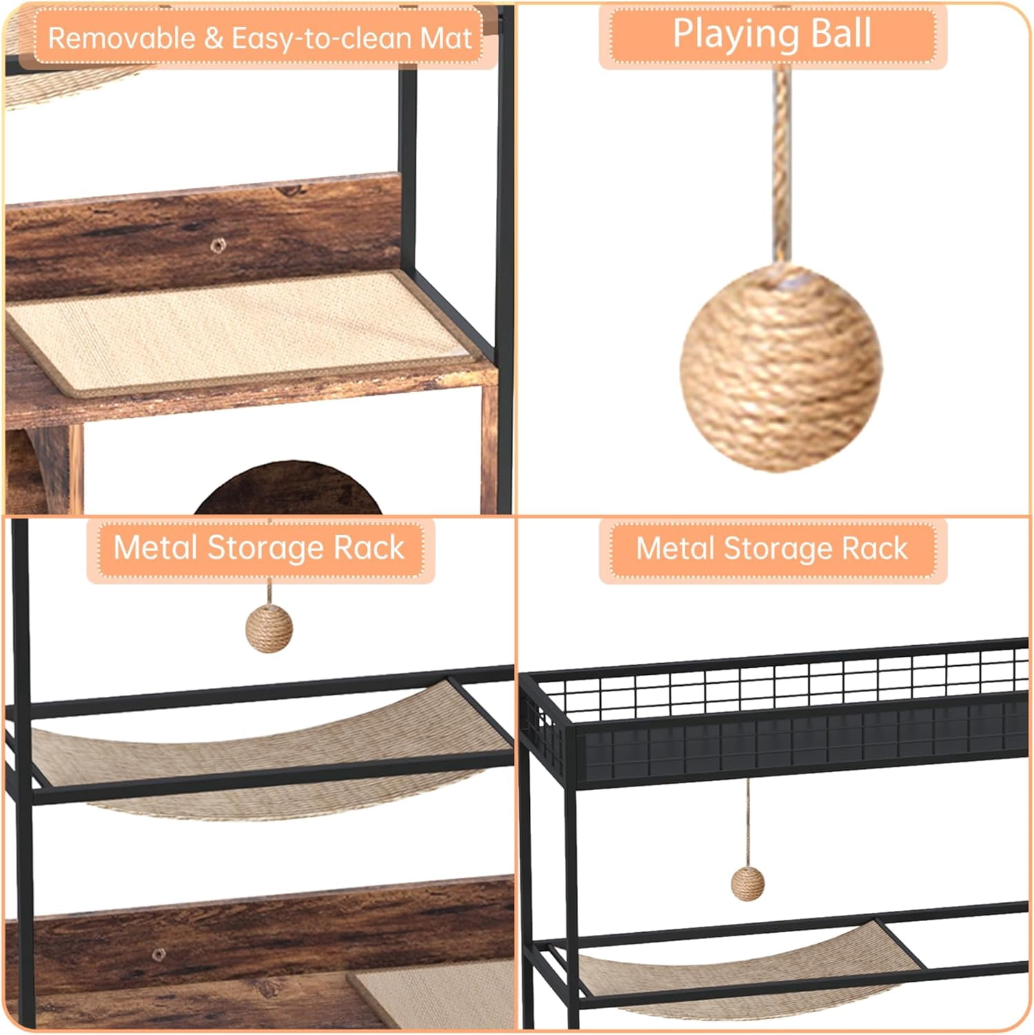 Acekid 60 Inch 2-in-1 Cat Tower Cabinet&nbsp;- Hidden Litter Box Enclosure with Metal Frame & Wood Condo, Includes Hammock & Scratching Mat, Dog-Proof Design (Retro)