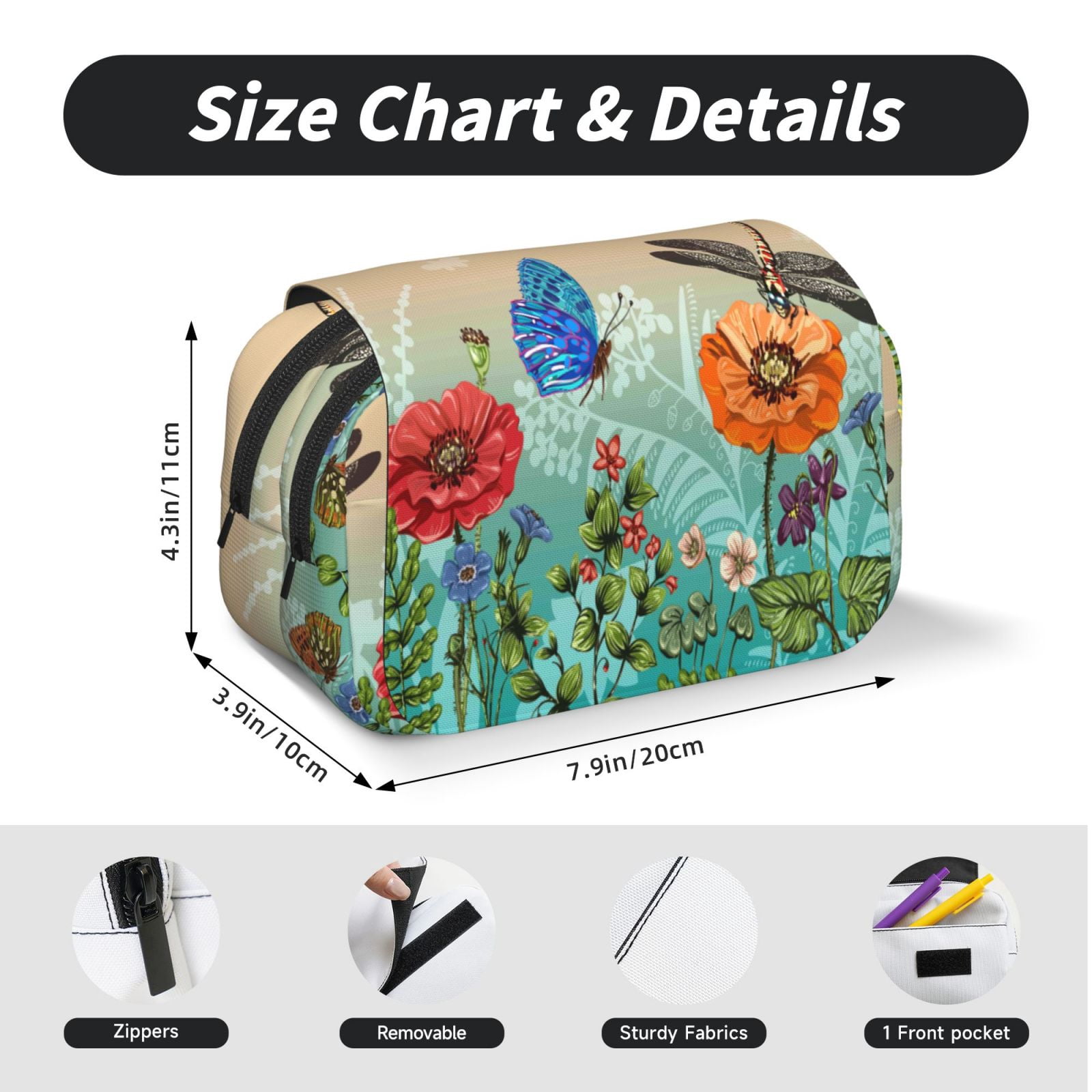 Rateoe Colorful Plants And Insects Pattern Double Clamshell Pen Case, Storage Organizer with Two Zipper Compartments– Holds Up to 50 Pencils & Pens