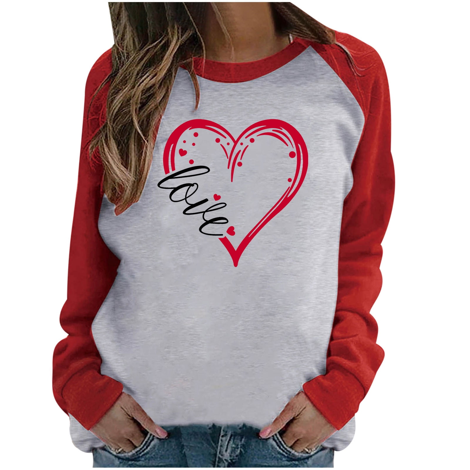 Valentine's Day Printed Shirts for Women Casual Loose V Neck Tee Funny Red Love Heart Graphic Tops Long Sleeve Tunic Blouse 
