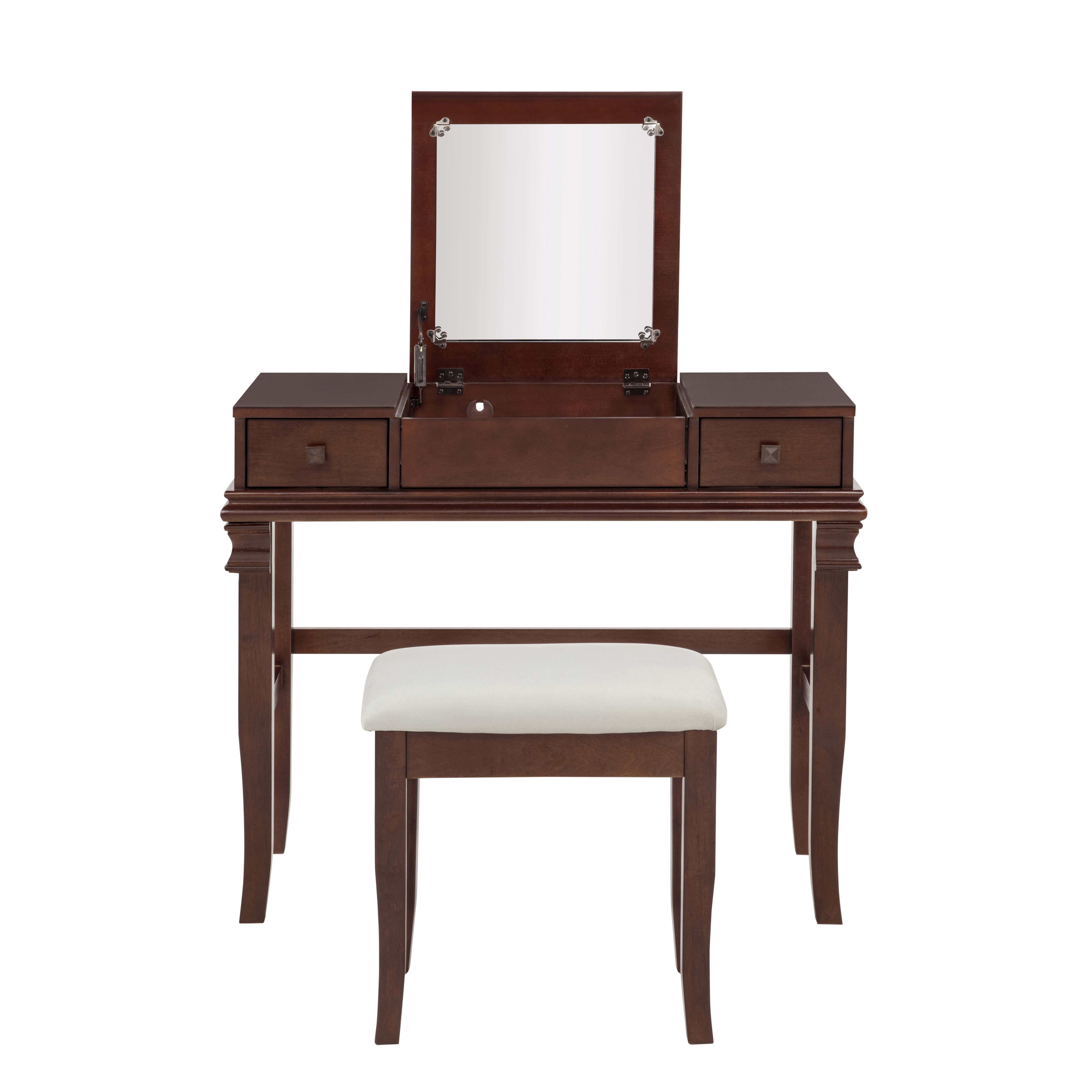 Linon Morton 2-Piece Vanity Set with Flip-Top Mirror and Upholstered Stool, Walnut/Beige