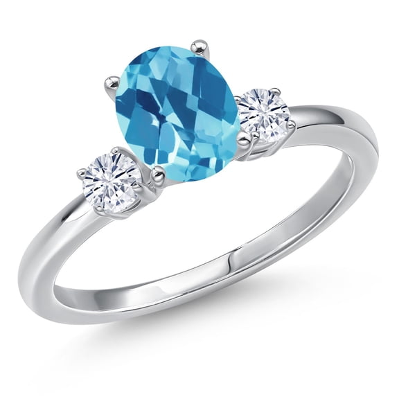 Gem Stone King 14K White Gold Swiss Blue Topaz and White Moissanite Engagement Ring for Women | 1.50 Cttw | Oval Checkerboard 8X6MM | Gemstone November Birthstone | Size 9