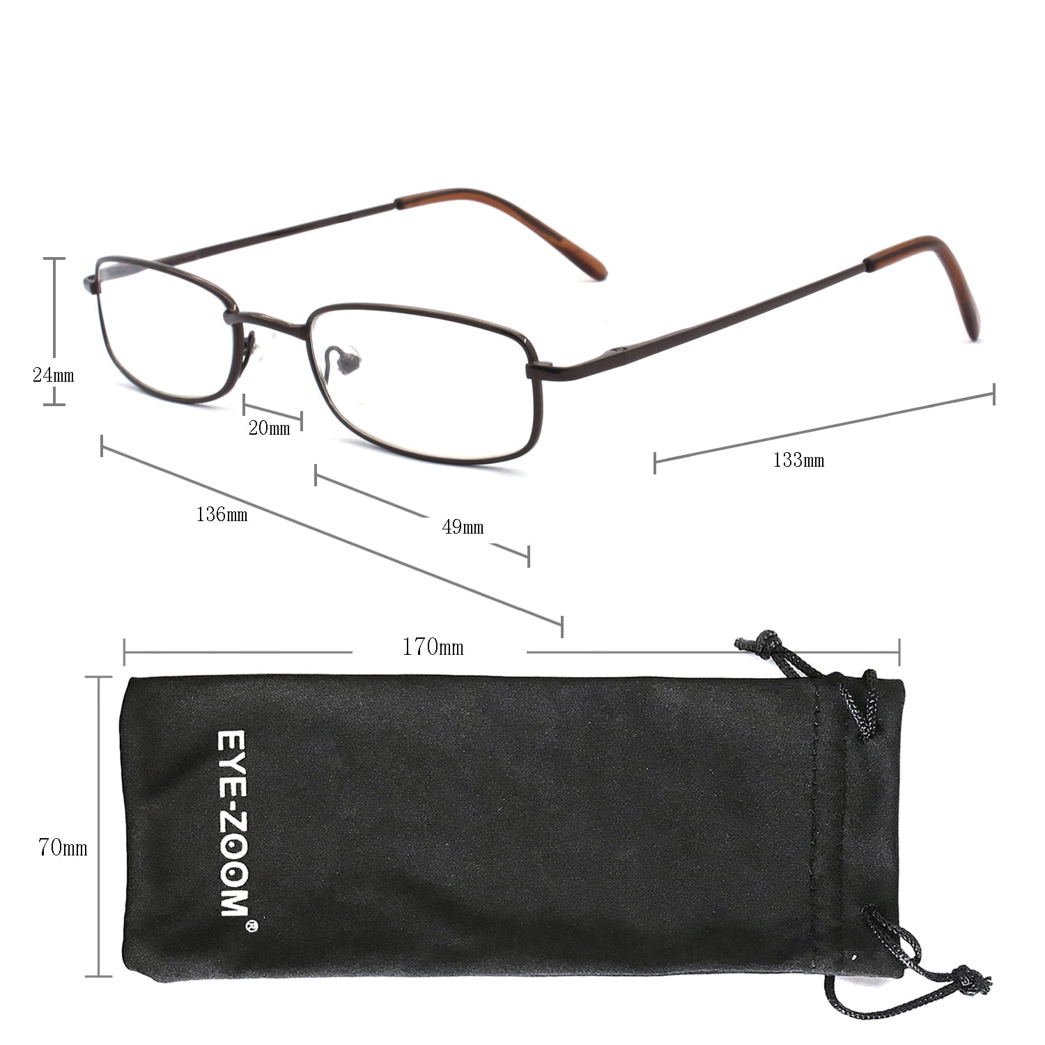 EYE ZOOM 5 Pairs Unisex Classic Rectangular Metal Frame Reading Glasses, Brown, +1.50
