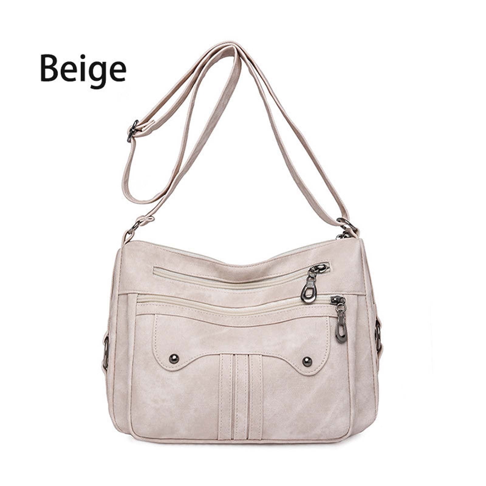 Beige Large Capacity Shoulder Bag Washed Leather Tote Bag For Women Multipurpose Mom Bag Crossbody Purse With Adjustable Strap Multiple Pockets Vintage Style Handbag For Daily Use