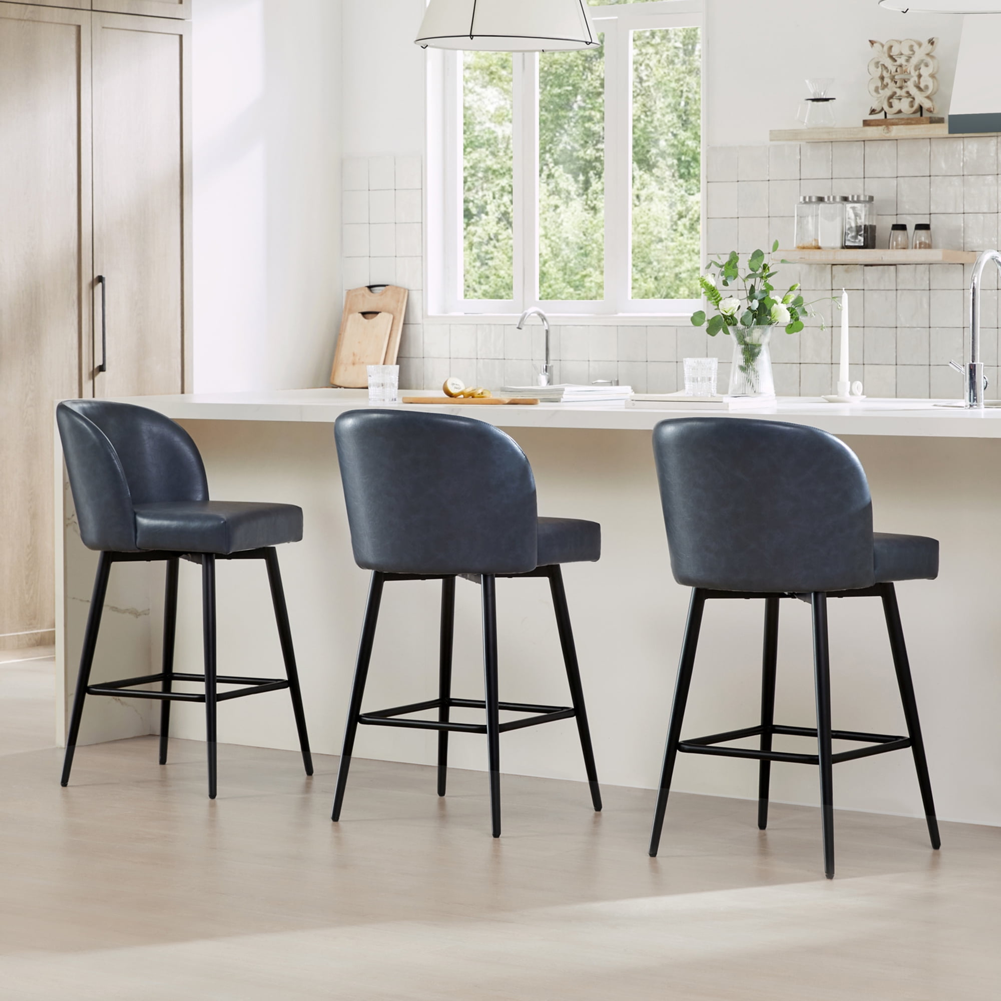 CHITA 27" Swivel Upholstered Counter Bar Stools Set of 2 with Back & Metal Legs, Faux Leather in Navy Blue
