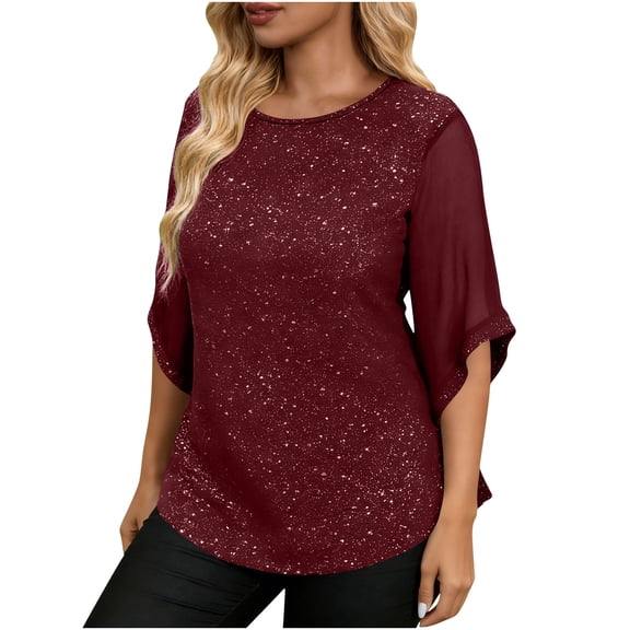 Ltctricy Women's Plus Size Tops Sparkly 3/4 Sleeve Crew Neck Curved Hem Glitter T Shirts Dressy Casual Blouses Club Party Shirts