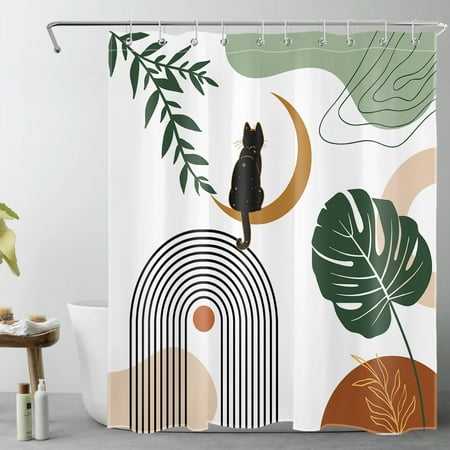 HVEST Mid Century Boho Shower Curtain for Bathroom,Funny Black Cat on Gold Moon and Green Leaf Minimalist Fabric Shower Curtain with Hooks,Abstract Geometric Bathroom Curtains Shower Set, 60x72 inches