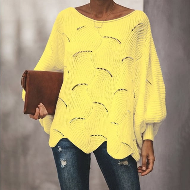 U.Vomade Nouveau Chandail de Mode Polyvalent Grande Taille à Col Rond Ample Décontracté avec Trous Manches Lanterne Chandail Tricoté Chandail pour Femme