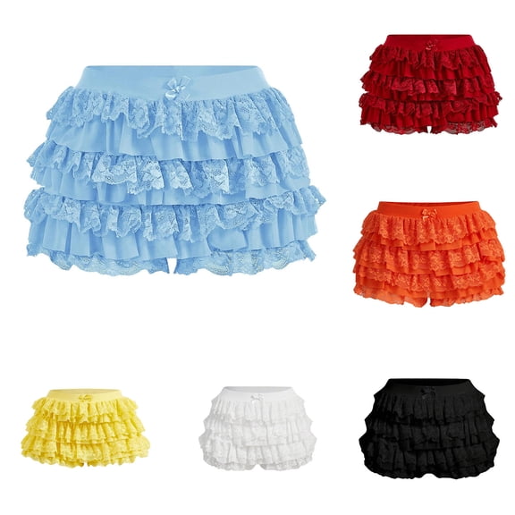 Women's Lace Skort High Waist Ruffle Tier Skirt with Bow Decor Summer Mini Skort for Loungewear Party Sky Blue S