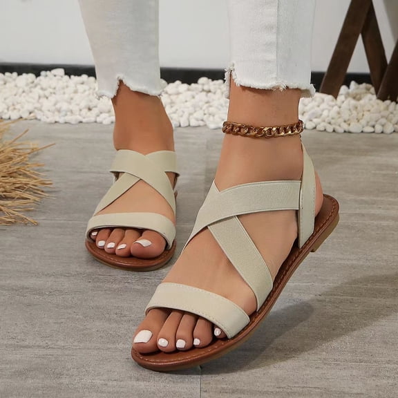 Sandals With Back Strap, Women's Flat Sandals, Women Flat Sandals, Strap Sandals, Women's Elastic Flat Sandals - Comfort Open Toe Elastic Ankle Strap Slip On Casual Walking Summer Shoes, Beige 5.5