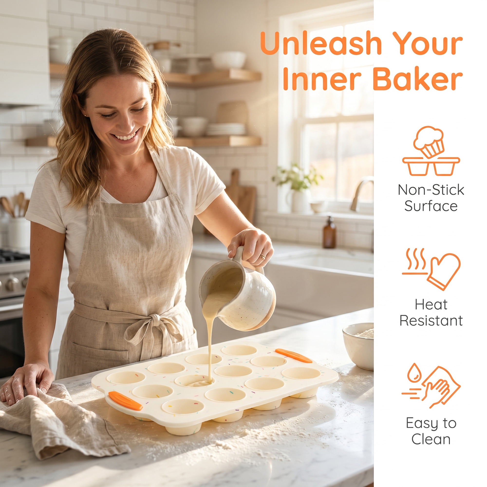 Unique Bargains Baking Pan 12-Cup Speckled Nonstick Silicone Tray for Bread Beige 12"x7.9"
