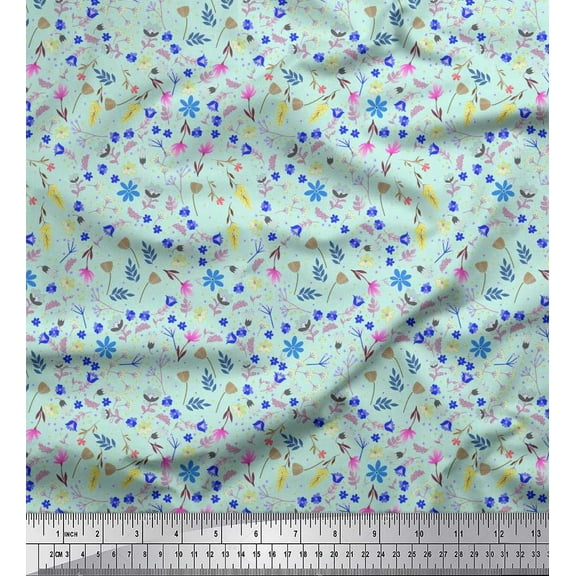 Soimoi Green Cotton Duck Fabric Leaves,Insect & Floral Artistic Print Fabric by The Yard 42 Inch Wide