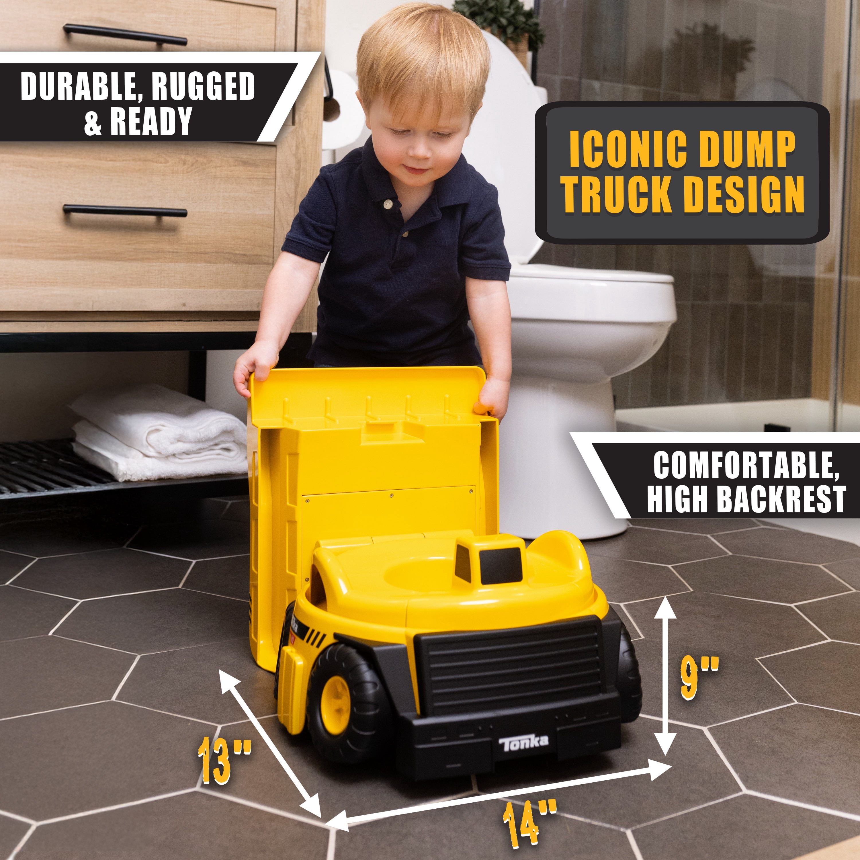 Tonka Dump Truck Potty Trainer for Toddlers, 2-in-1 Potty Chair and Potty Ring with Splash Guard, Built-In Handles, Easy Clean Removable Pot