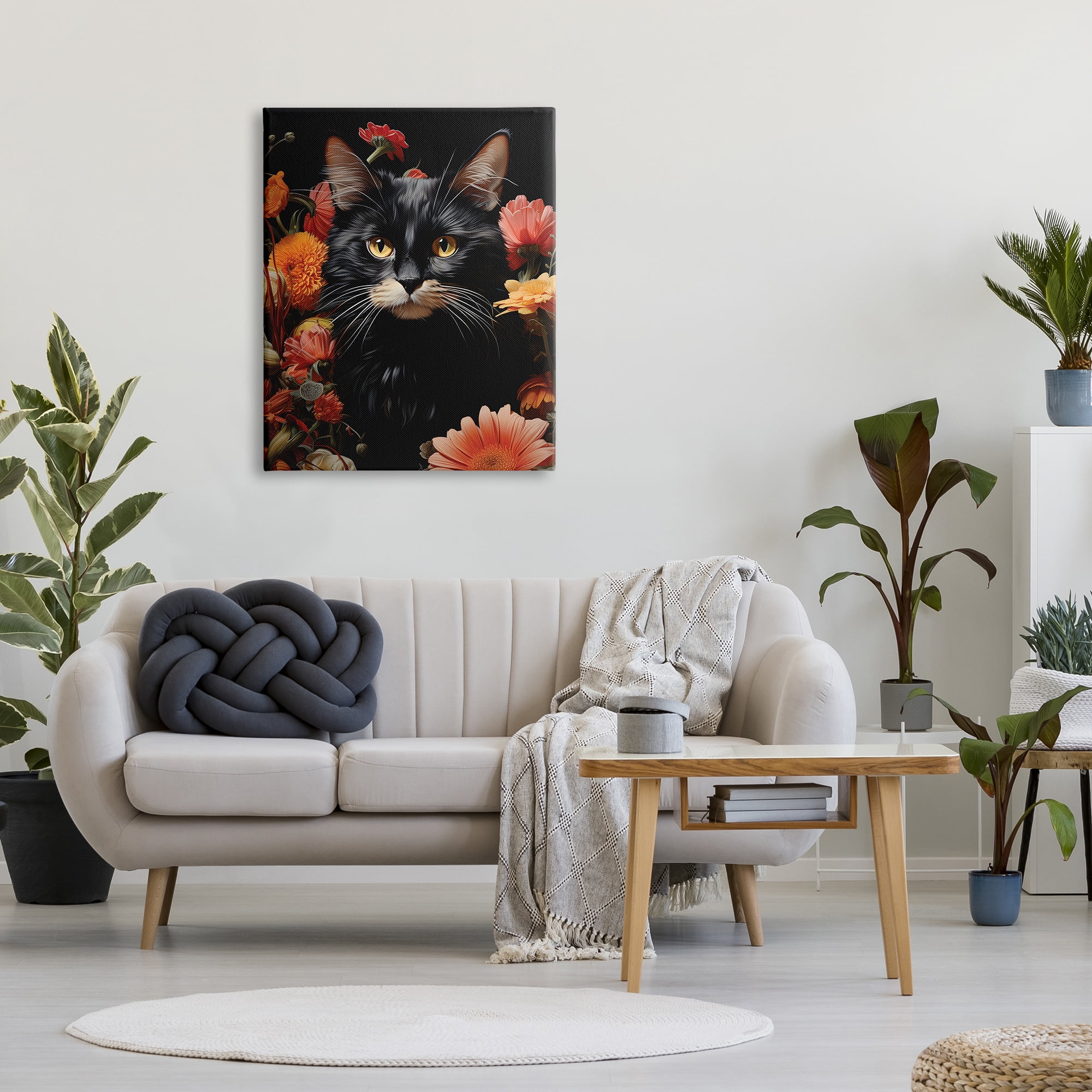 Stupell Industries Cat & Blooming Flowers Animals & Insects Painting Gallery Wrapped Canvas Art Print Wall Art, 30 x 40