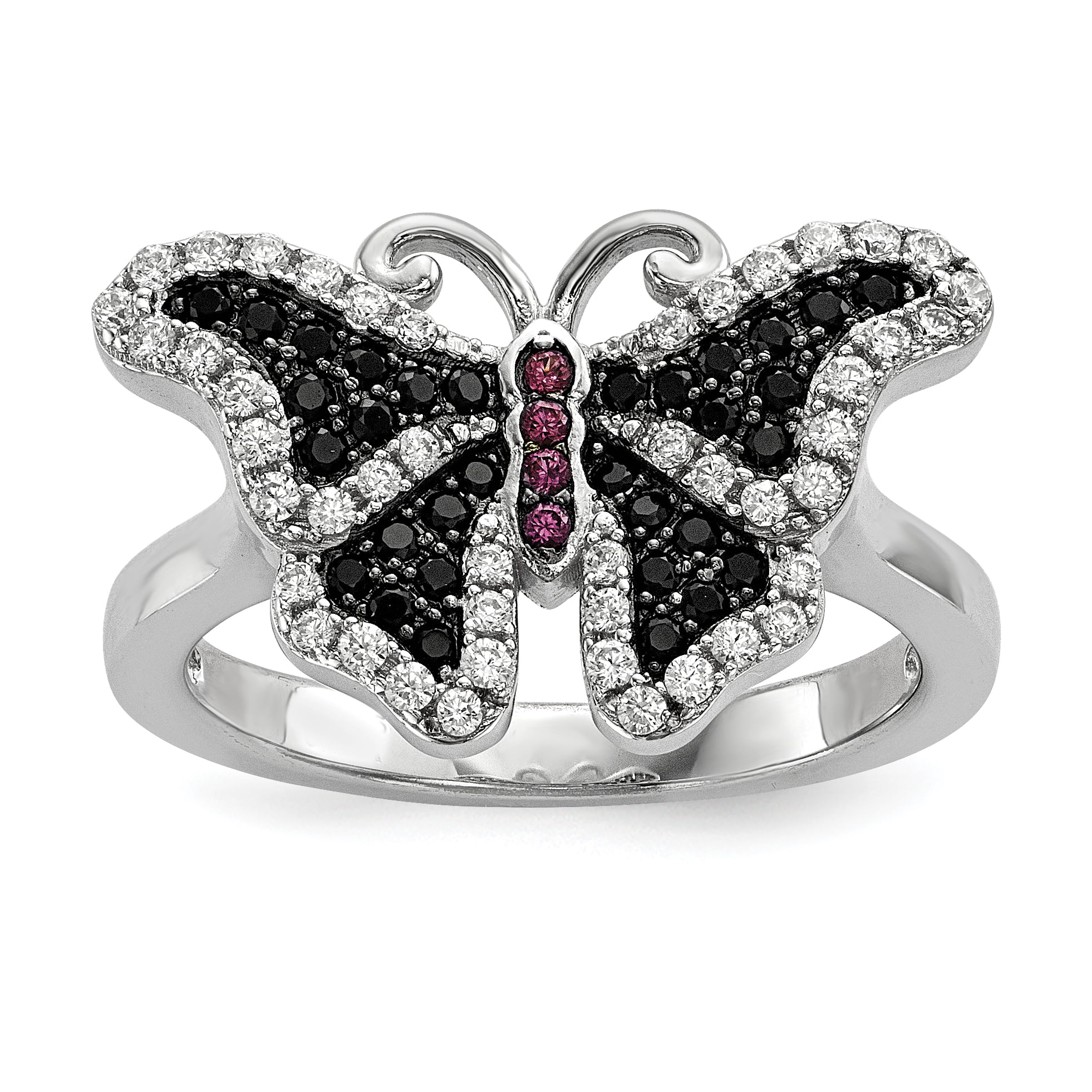Butterfly ring with simulated diamond rhodium plated Sterling Silver Size O. 
