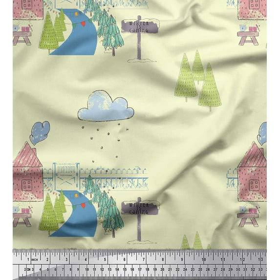 Soimoi Yellow Velvet Fabric Clouds & Tree Christmas Fabric Prints By Yard 58 Inch Wide