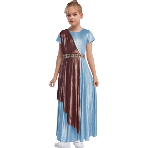 inlzdz Teens Girls Greek Toga Dress Metallic Wrap Belt Greek Philosopher Maxi Gown Sky Blue 6