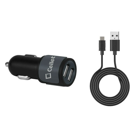Cellet Car Charger for Coolpad Legacy (2019) - High Power (10 Watt/2.1 Amp) Dual USB Port Car Charger with Detachable Type-C USB Cable (4 feet) and Atom