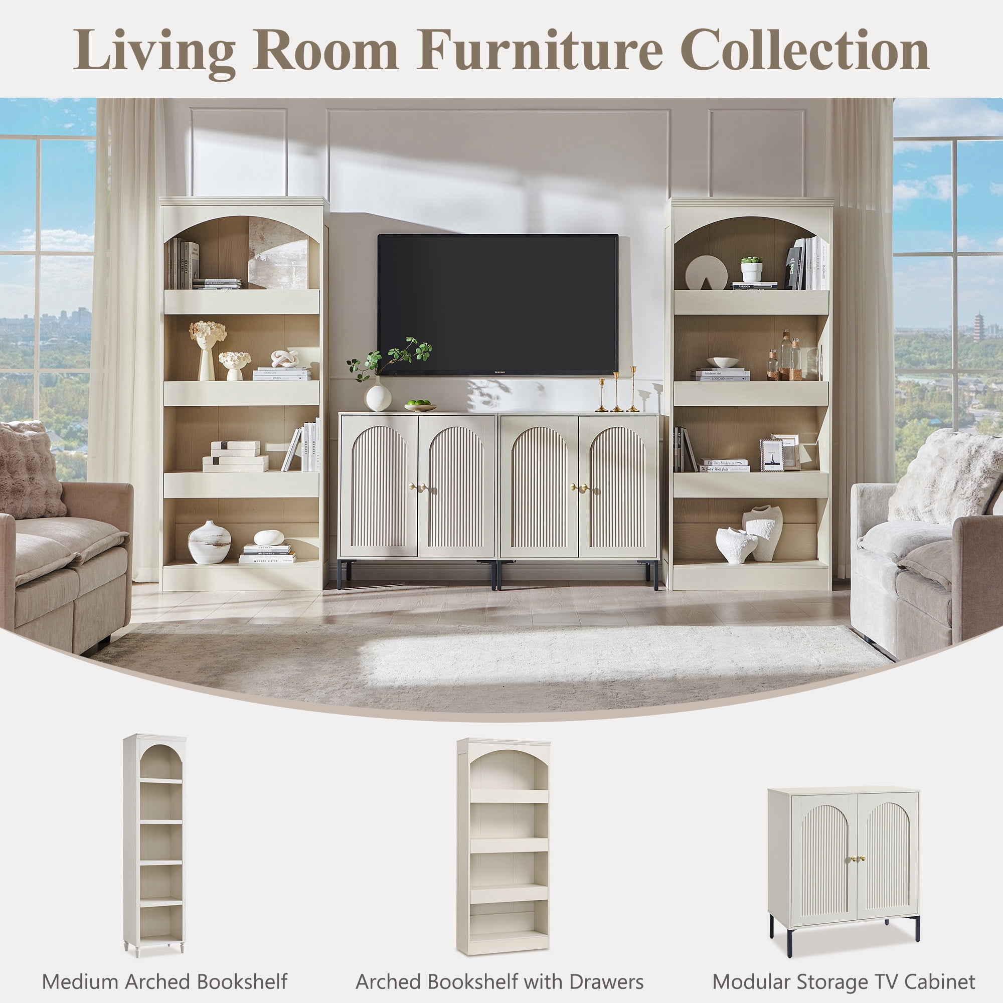 SinCiDo 76" Tall Arched Bookcase, 4-Tier Large Bookshelf w/1PC Magnetic Lock Drawer, Wooden Book Shelf w/3 Pull-Out Drawers, for Living Room, Office