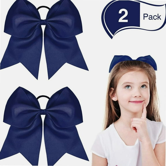 2 Packs Cheerleading Bow 8 Inch Cheer Hair Bows Large Cheerleading Hair Bows with Ponytail Holder for Teen Girls Softball Cheerleader Outfit Uniform (Navy Blue)